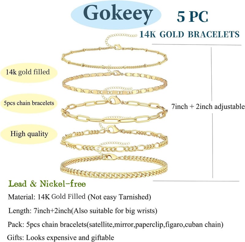 Gokeey Gold Bracelets for Women Trendy 14K Gold Plated Jewelry Sets Stack Dainty Stackable Paperclip Cuban Figaro Chain Bracelets Pack Layered Link Chain Bracelet for Women Cute 5pcs Adjustable - Image 4