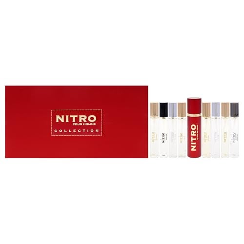 Dumont Nitro Collection by Dumont for Men – 9pc Mini Gift Set: 8 x 0.34oz EDP Vials (Black, Green, Intense, Platinum, Red, White, Blue, Nitro Pour Homme) + Travel Spray Case - Image 1