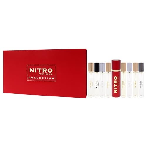 Dumont Nitro Collection by Dumont for Men – 9pc Mini Gift Set: 8 x 0.34oz EDP Vials (Black, Green, Intense, Platinum, Red, White, Blue, Nitro Pour Homme) + Travel Spray Case - Image 4