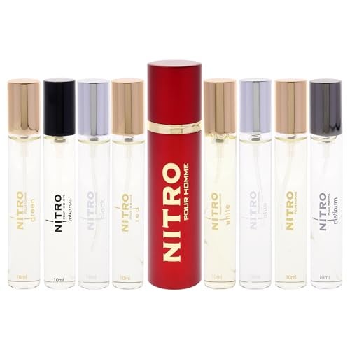 Dumont Nitro Collection by Dumont for Men – 9pc Mini Gift Set: 8 x 0.34oz EDP Vials (Black, Green, Intense, Platinum, Red, White, Blue, Nitro Pour Homme) + Travel Spray Case - Image 2