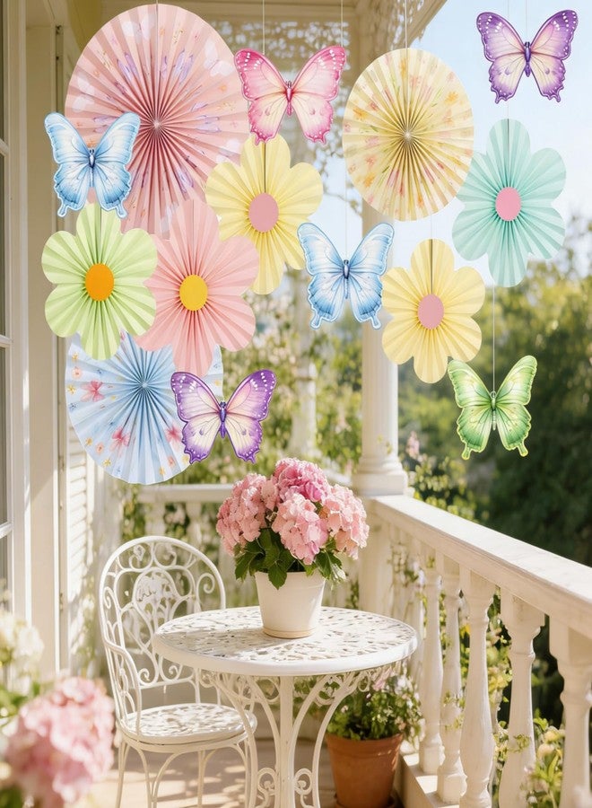 SUNBEAUTY زينة زهور الربيع، زينة فراشات من ورق الباستيل، زينة معلقة على شكل زهور، مراوح ورقية مزينة بالفراشات، زينة حفلات على شكل فراشات للجدران، المكتب، الفصل الدراسي، أعياد ميلاد النساء، حفلات استقبال المولود، عيد الفصح - Image 2