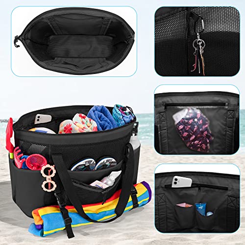 Fasrom Extra Large Mesh Beach Bag with Zipper Bottom, Family Beach Tote Bag with Wet and Dry Separation (Patent Design), Black - Image 2