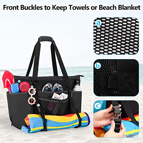 Fasrom Extra Large Mesh Beach Bag with Zipper Bottom, Family Beach Tote Bag with Wet and Dry Separation (Patent Design), Black - Image 4