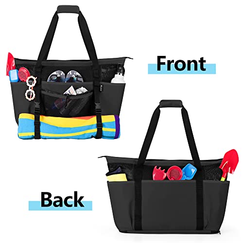 Fasrom Extra Large Mesh Beach Bag with Zipper Bottom, Family Beach Tote Bag with Wet and Dry Separation (Patent Design), Black - Image 5