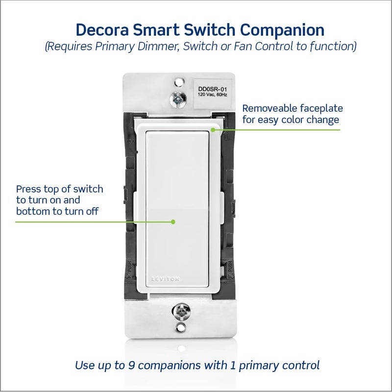 Leviton Decora Smart Switch Companion for Multi-Location Switching (Not for stand-alone use), 120VAC, 60Hz DD0SR-1RM, White, Light Almond - Image 4