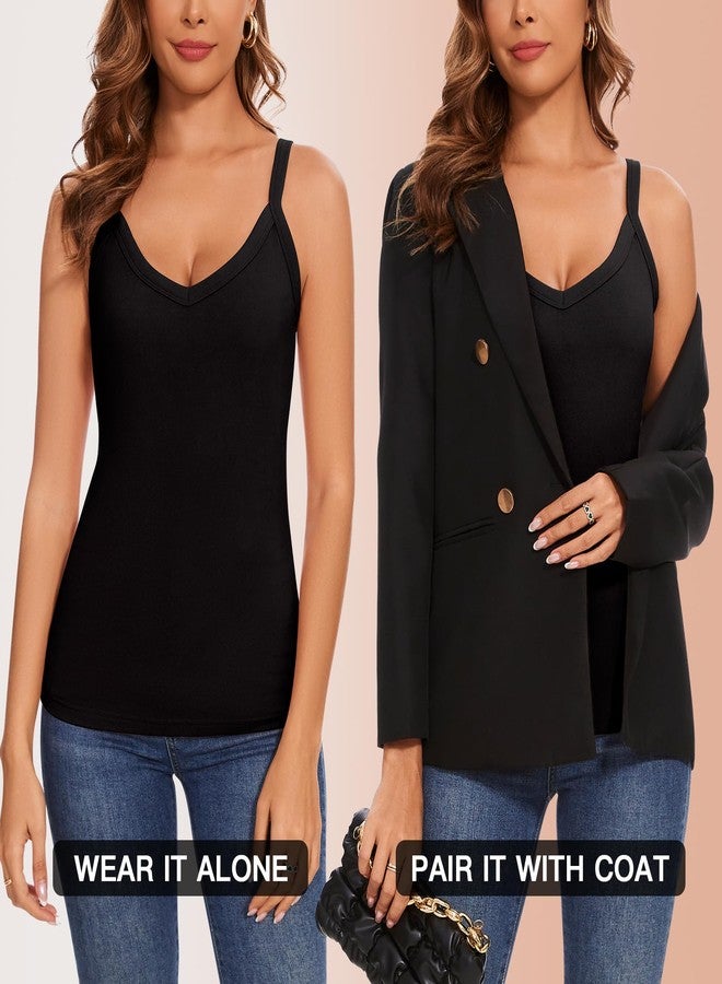 PALAY® Thermal Wear for Women Set V Neck Fleece Lined Thermal Top Winter Inner Wear Slim Fit Cotton Warmer Underwear Tops Camisole Thermals Comfy Stretchy Base Layer Vest Thermal for Women - Black - Image 5