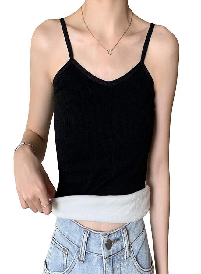 PALAY® Thermal Wear for Women Set V Neck Fleece Lined Thermal Top Winter Inner Wear Slim Fit Cotton Warmer Underwear Tops Camisole Thermals Comfy Stretchy Base Layer Vest Thermal for Women - Black - Image 1