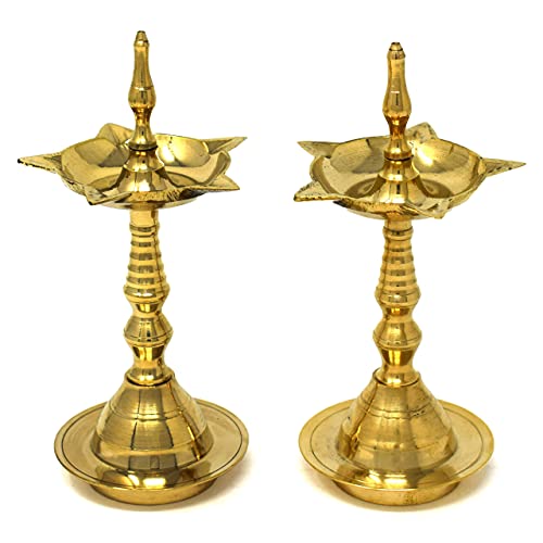 Hashcart Brass Kerala Diya for Pooja - Diwali Diya for Pooja - Kutthu Vilakku Samai Diya for Puja Diwali Decorations - Indian Diwali Gifts [10 inch, Set of 2] - Image 1