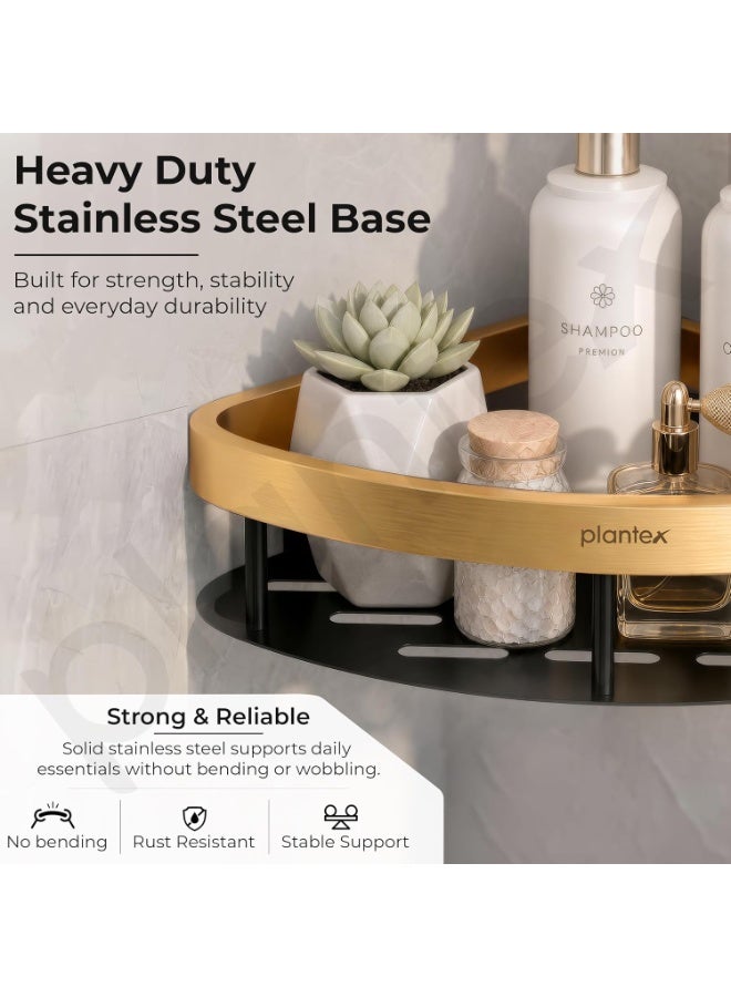 Plantex Self Adhesive Corner Shelf for Bathroom Wall/Aluminium & Stainless Steel Corner Shelf/Storage Organizer/Bathroom Accessories Set- Pack of 1 (8 x 8 inch, Gold & Black) - Image 2