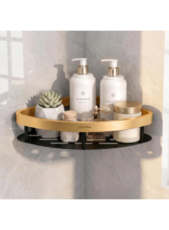 Plantex Self Adhesive Corner Shelf for Bathroom Wall/Aluminium & Stainless Steel Corner Shelf/Storage Organizer/Bathroom Accessories Set- Pack of 1 (8 x 8 inch, Gold & Black) - Image 1