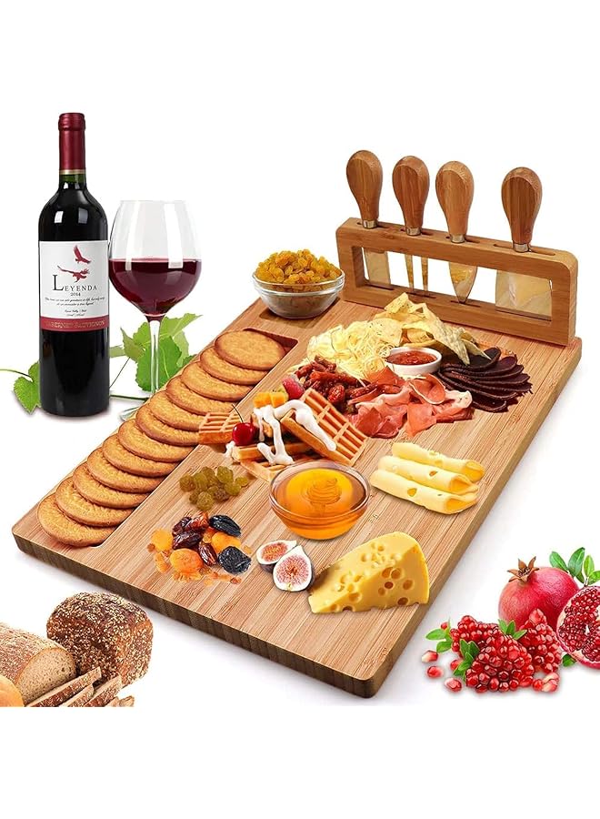 S-TOP Cheese Board Set with Stainless Steel Cheese Knives 4-Pieces, 14 Inch x 11 Inch Size, Natural Bamboo - Image 1