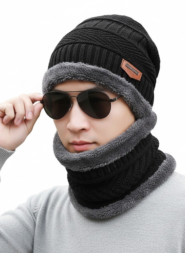 SARAOONT 2-Piece Black Winter Thick Hat Beanie scarf set - Image 1