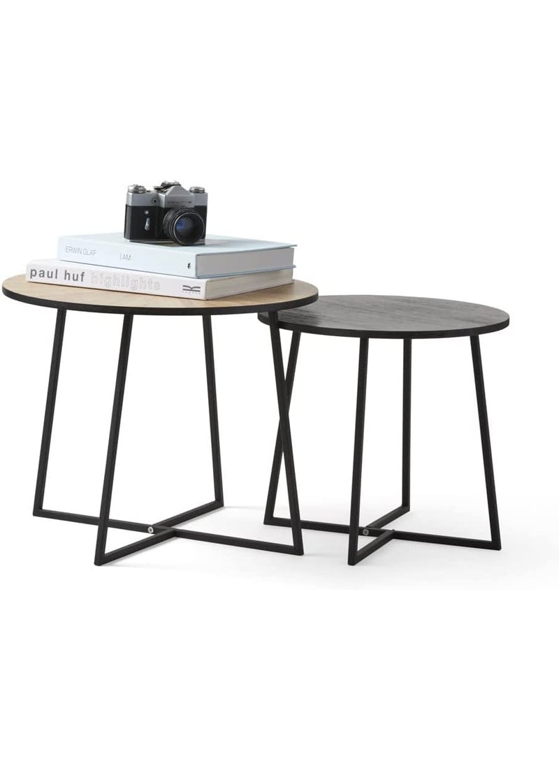 Generic Indian Decor 48330 Set of 2 Side Tables for Living Room 2 Small Tables WoodColoured and Black Metal 2 Decorative Nesting Tables for Bedroom Coffee Tables Modern Design  - Image 1