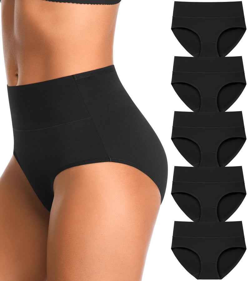 OPIBOO High Waisted Womens Cotton Underwear Tummy Control Double Layer Postpartum Essentials Panties Stretch Comfortable Briefs Black L - Image 1