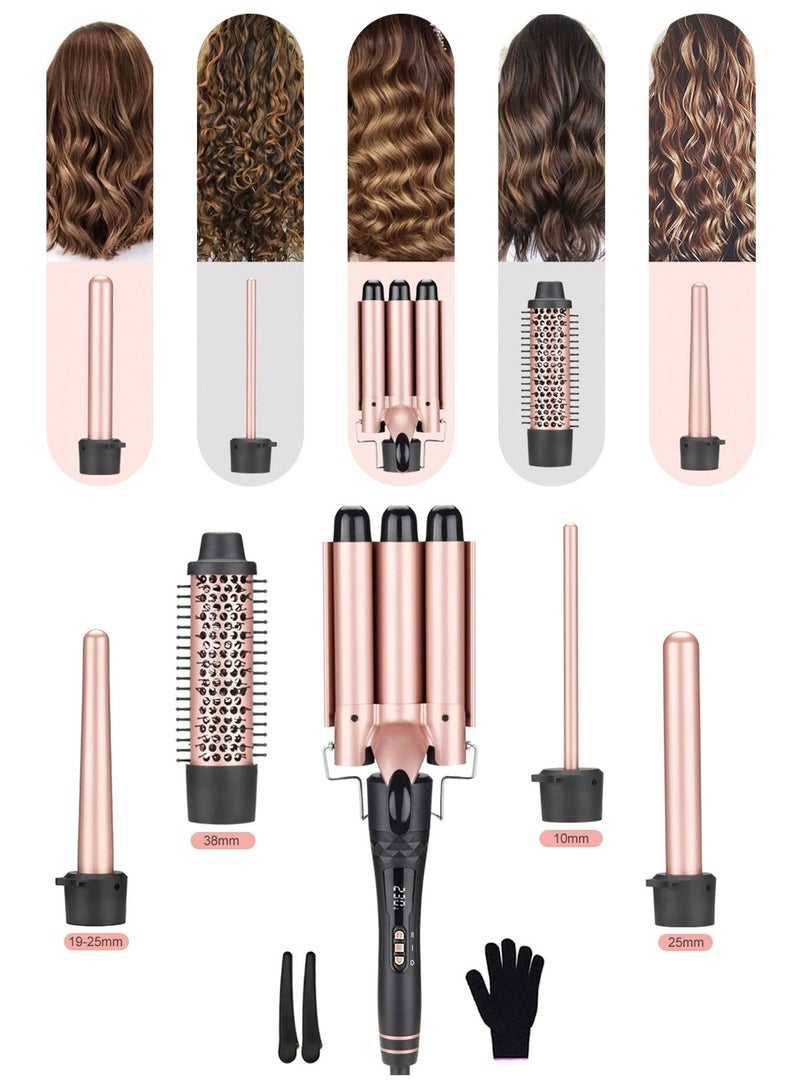5 in 1 Interchangeable Curling Iron Wand Set with LCD Display - Multi-Size 10-38mm Barrels, Hot Air Brush & Comb Tools for Versatile Curls/Waves (19-25mm/38mm/10mm/25mm) - Image 1