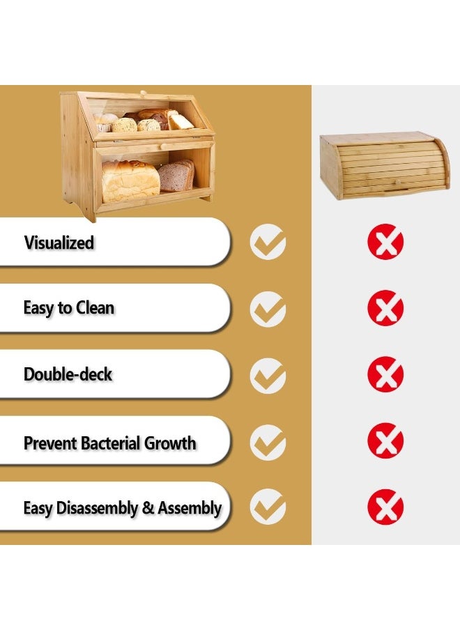 Arabest Double Layer Bamboo Bread Box for Kitchen Countertop, Large Capacity Bread Storage Bin Bread Container Vintage Farmhouse Food Organizer with Magnetic Door for Corner Cabinet Pantry Cupboard (Bamboo)  - Image 3