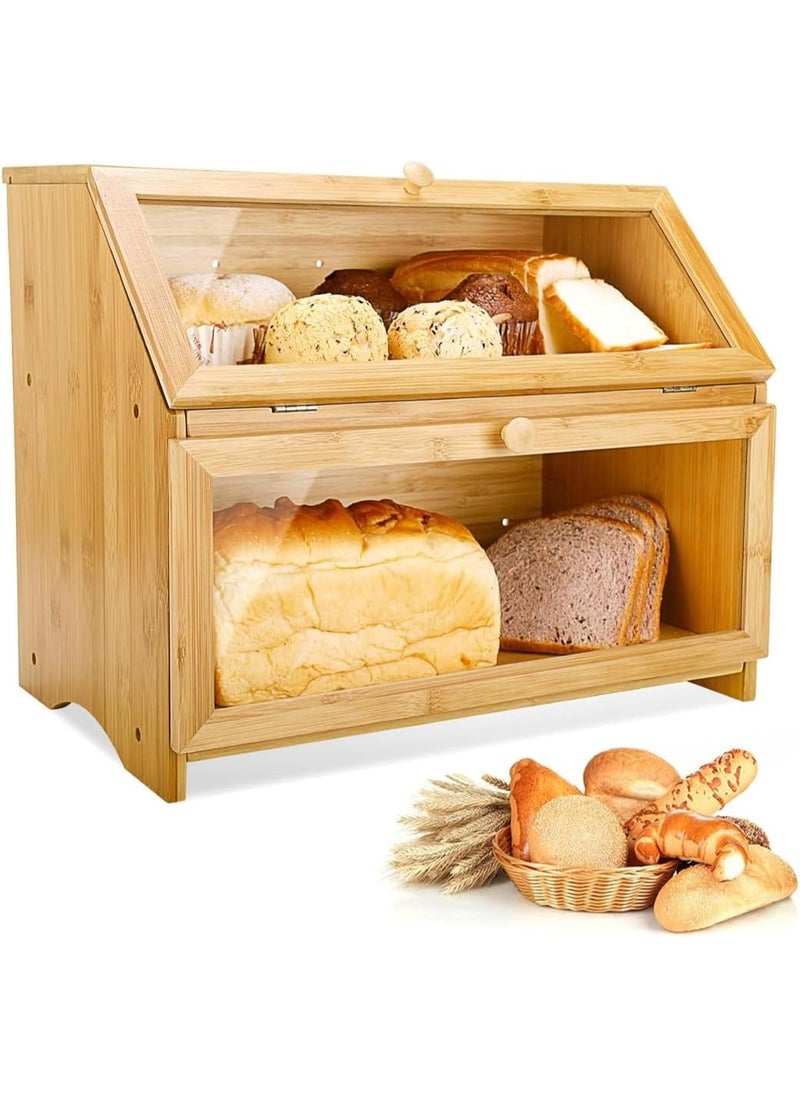 Arabest Double Layer Bamboo Bread Box for Kitchen Countertop, Large Capacity Bread Storage Bin Bread Container Vintage Farmhouse Food Organizer with Magnetic Door for Corner Cabinet Pantry Cupboard (Bamboo)  - Image 1