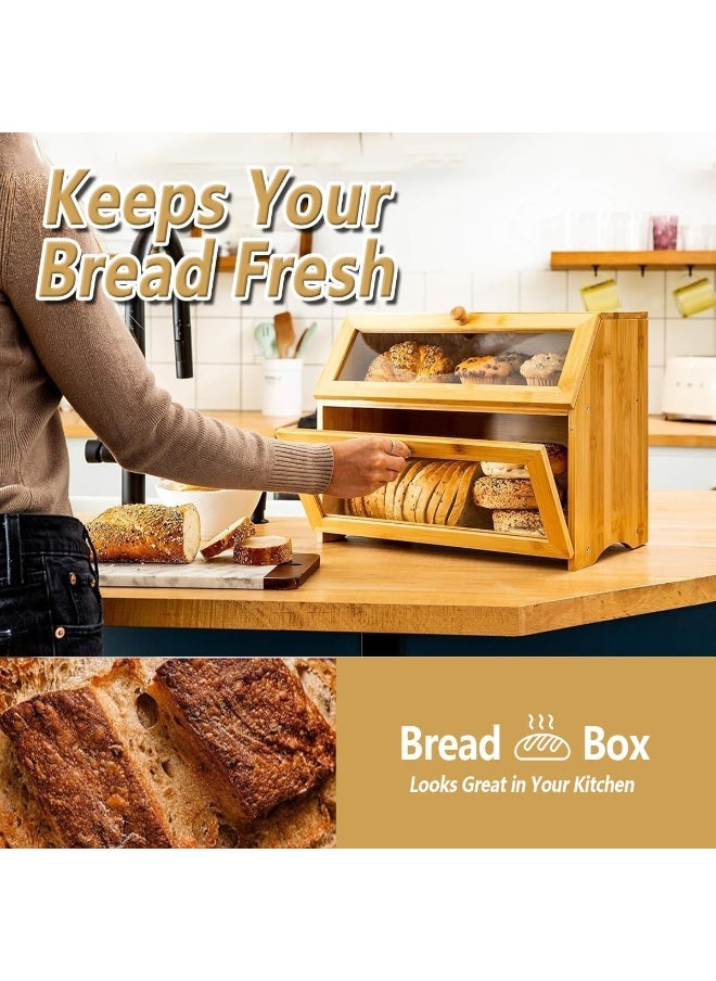 Arabest Double Layer Bamboo Bread Box for Kitchen Countertop, Large Capacity Bread Storage Bin Bread Container Vintage Farmhouse Food Organizer with Magnetic Door for Corner Cabinet Pantry Cupboard (Bamboo)  - Image 2