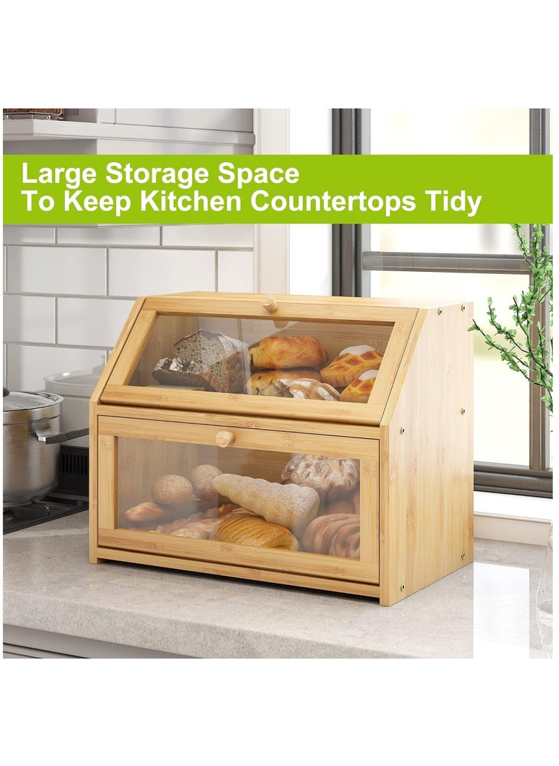 Arabest - Bamboo Bread Box, Double Layer Bread Bin with Clear Window, Large Food Storage Container for Bread, Fruit, Vegetable - Image 1