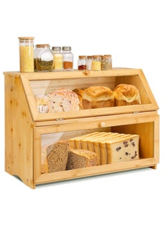 Bamboo Bread Box, Double Layer Bread Bin with Clear Window, Large Food Storage Container for Bread, Fruit, Vegetable