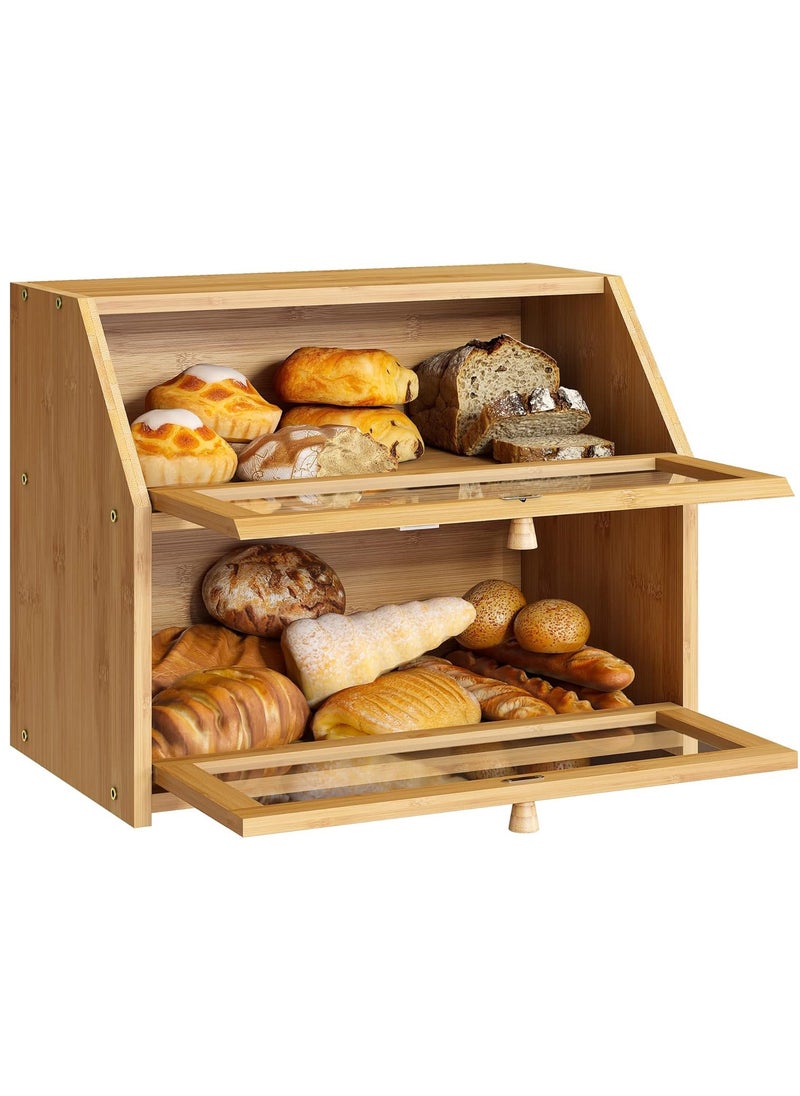 Arabest - Bamboo Bread Box, Double Layer Bread Bin with Clear Window, Large Food Storage Container for Bread, Fruit, Vegetable - Image 1