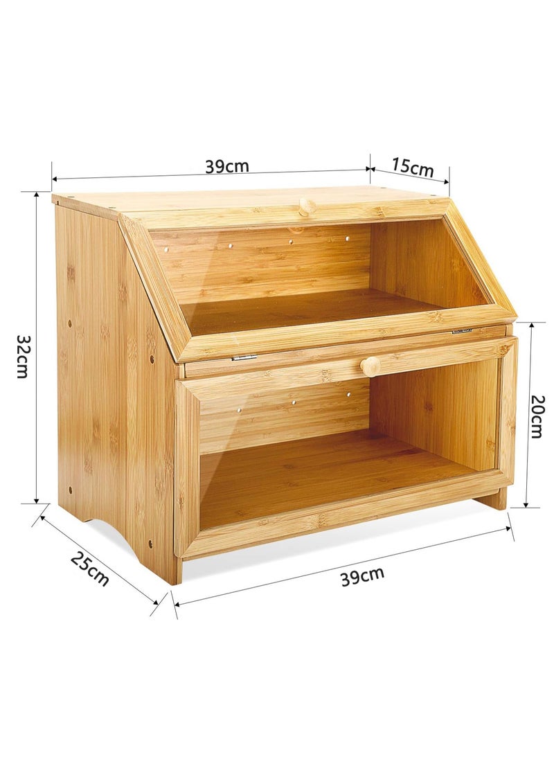 Arabest - Bamboo Bread Box, Double Layer Bread Bin with Clear Window, Large Food Storage Container for Bread, Fruit, Vegetable - Image 1