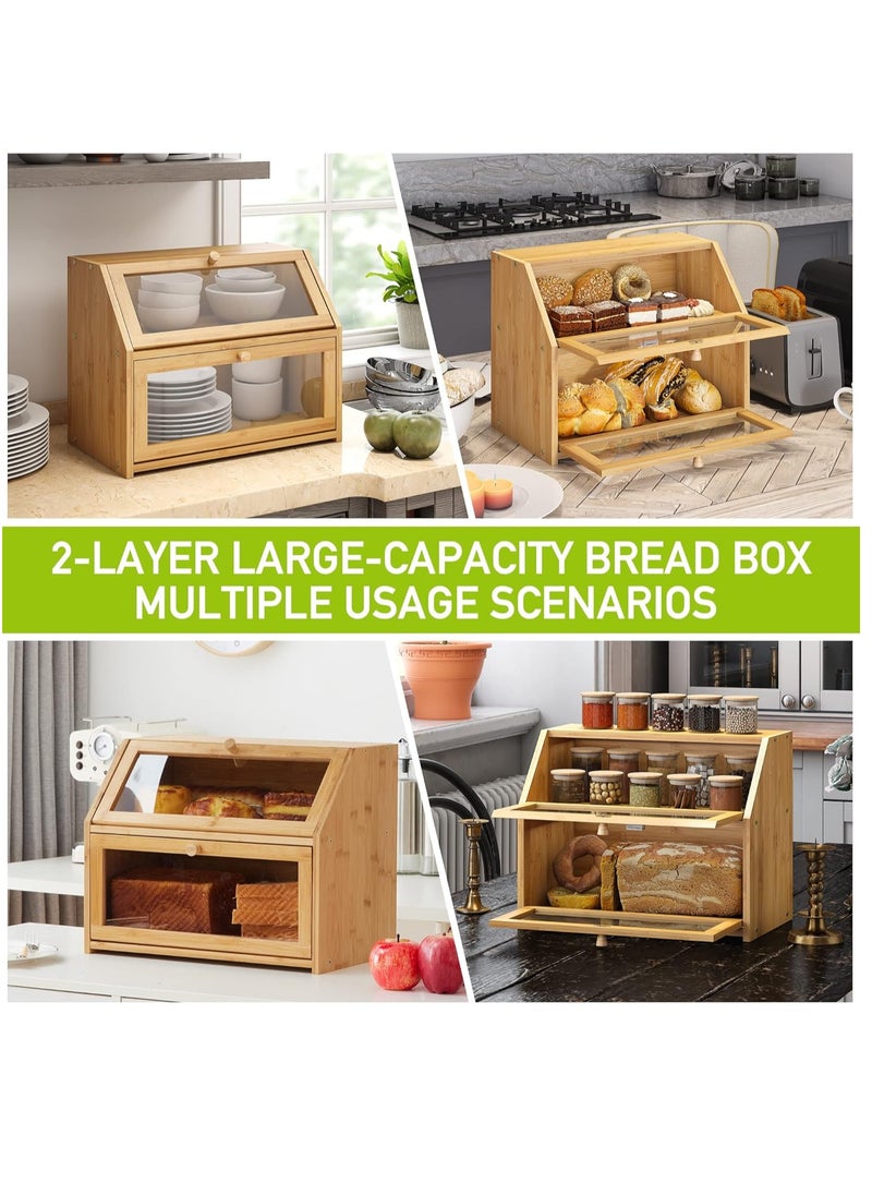 Arabest - Bamboo Bread Box, Double Layer Bread Bin with Clear Window, Large Food Storage Container for Bread, Fruit, Vegetable - Image 1