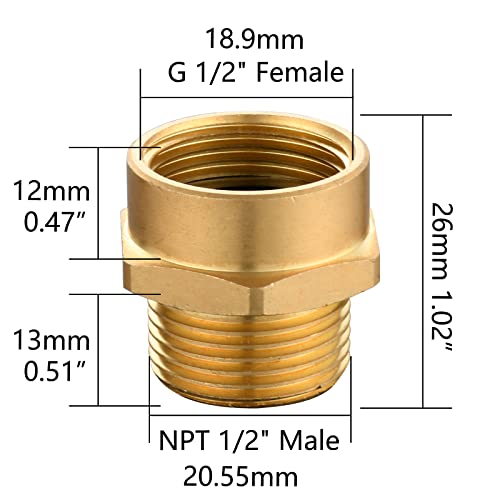 Tecmolog 2 Pcs BSP to NPT Adapter Brass G1/2 Female Thread to 1/2 NPT Male Thread Connector Converter Fittings, SBA037-2 - Image 2