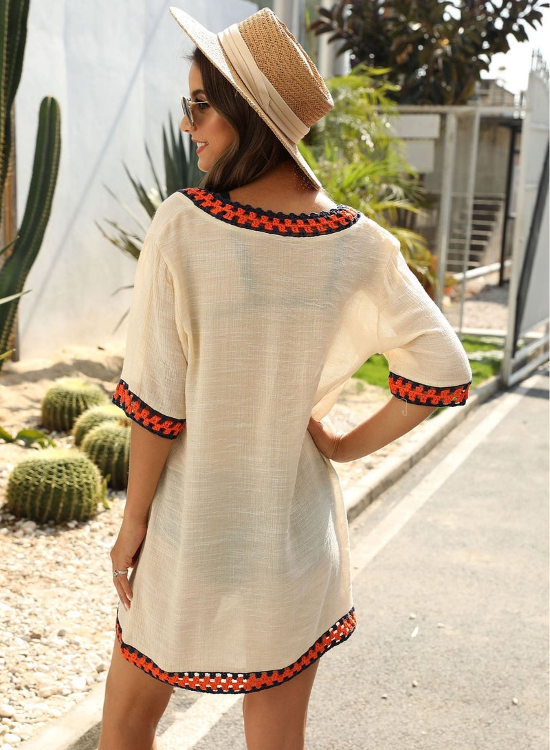 Loquat Fashion V-Neck Beach Dress Beige - Image 2