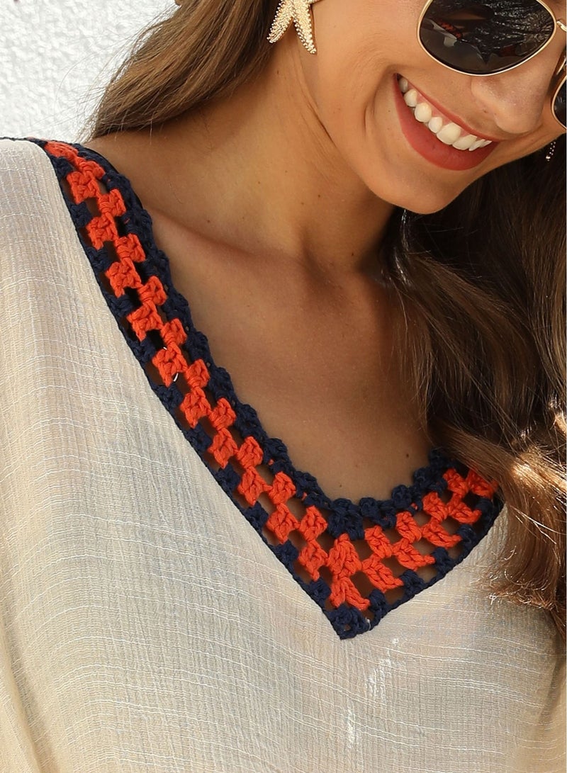 Loquat Fashion V-Neck Beach Dress Beige - Image 3