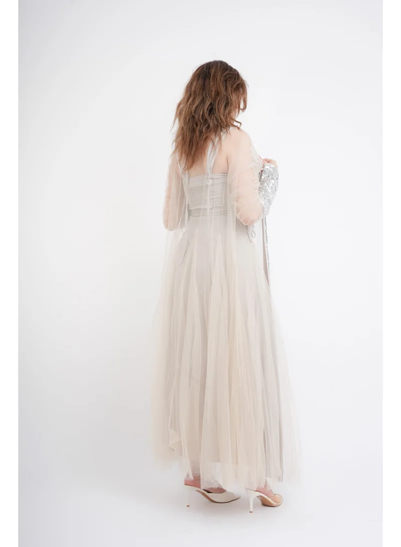 IKKXA Silver Glamour Sheer Sleeve Jalabiya IK1041 Beige