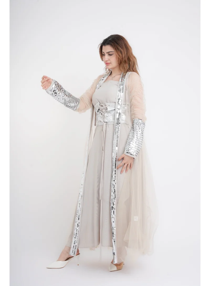 IKKXA Silver Glamour Sheer Sleeve Jalabiya IK1041 Beige
