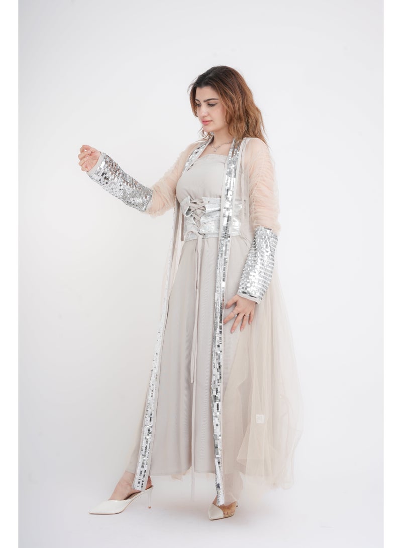 اكسا جلابية سيلفر جلامور بأكمام شفافة بيج - Image 3