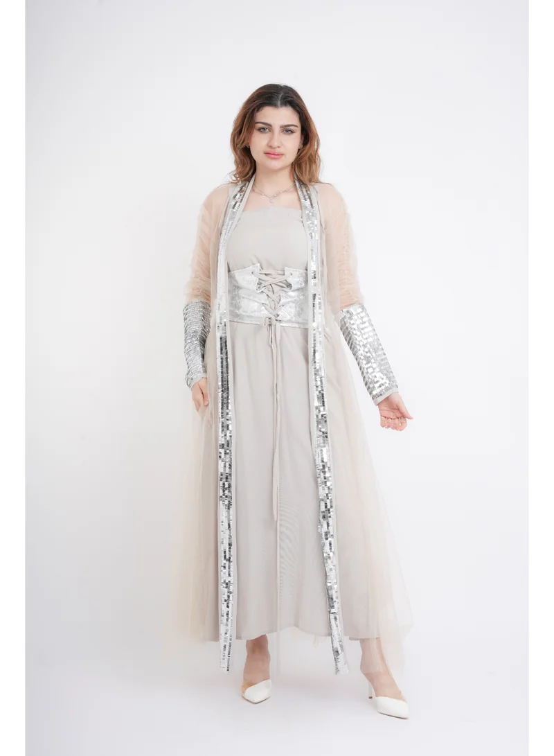 اكسا جلابية انيقة كم شفاف فضي IK1041 بيج
