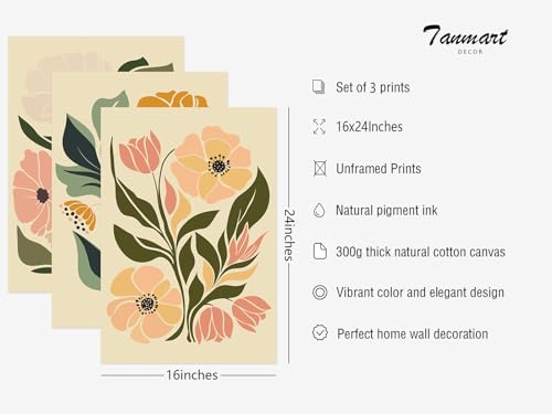 Tanmart Boho Flower Wall Art Decor Abstract Floral Canvas Wall Art Pictuers Botanical Wall Art Minimalist Plant Prints Boho Floral Poster Vintage Artwork for Living Room Bedroom 16x24 Inch Unframed Set of 3 - Image 2