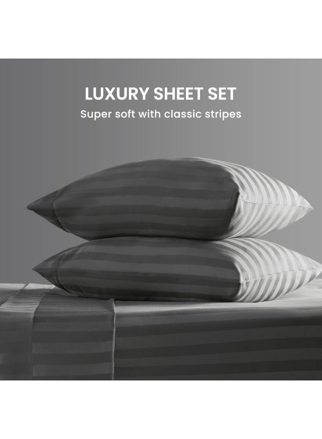 طقم رمادي ملاءات سرير من القطن الفاخر مكون من 3 قطع – ملاءة وغطاءي وسادة بنقشة مخططة، ناعم وقابل للتنفس، للاستخدام المنزلي أو الفندقي (مقاس مفرد/مزدوج) - Image 2