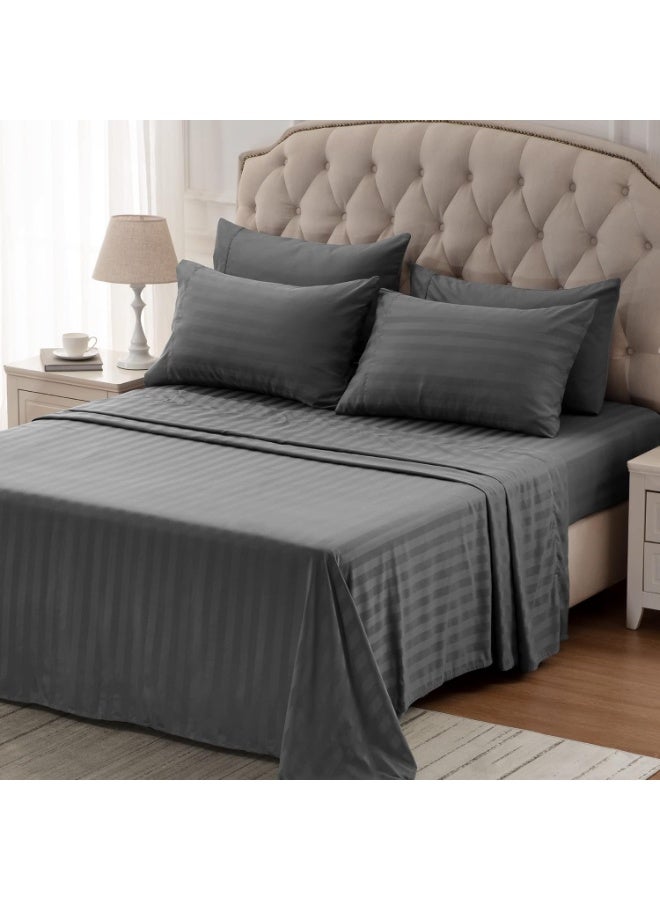 طقم رمادي ملاءات سرير من القطن الفاخر مكون من 3 قطع – ملاءة وغطاءي وسادة بنقشة مخططة، ناعم وقابل للتنفس، للاستخدام المنزلي أو الفندقي (مقاس مفرد/مزدوج) - Image 3