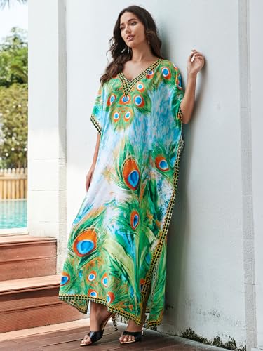 IMAGEKOPE Women's Plus Size Loose Fit Moroccan Print V-Neck Batwing Kaftan Beach Dress Bathing Suit Cover Up - Image 2
