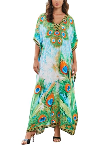 IMAGEKOPE Women's Plus Size Loose Fit Moroccan Print V-Neck Batwing Kaftan Beach Dress Bathing Suit Cover Up - Image 1