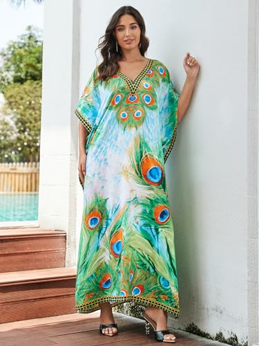 IMAGEKOPE Women's Plus Size Loose Fit Moroccan Print V-Neck Batwing Kaftan Beach Dress Bathing Suit Cover Up - Image 3
