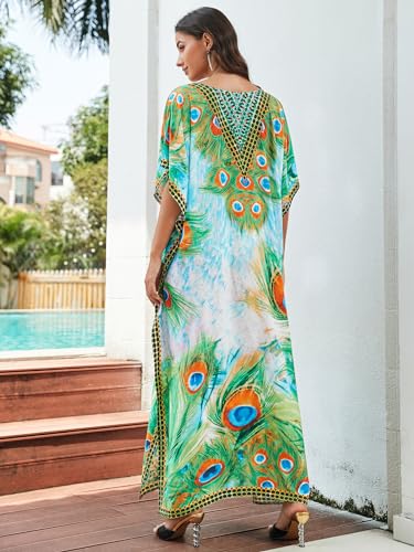 IMAGEKOPE Women's Plus Size Loose Fit Moroccan Print V-Neck Batwing Kaftan Beach Dress Bathing Suit Cover Up - Image 5