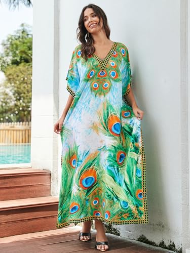 IMAGEKOPE Women's Plus Size Loose Fit Moroccan Print V-Neck Batwing Kaftan Beach Dress Bathing Suit Cover Up - Image 4