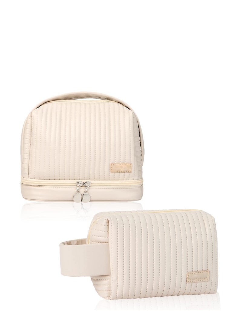 Excefore Makeup Bag, Cosmetic Bag for Women, Portable Travel Makeup Bag, Zipper Large Solid Color Travel Toiletry Bag, Two Layers PU Leather Waterproof Large Capacity Case Organizer for Girls 2 Pack - Image 1