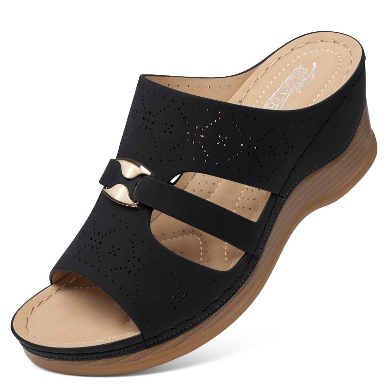 SHIBEVER Wedge Sandals for Women Hollow Out Slip On Platform Wedge Sandals Summer Casual Walking Shoes Black Size 9