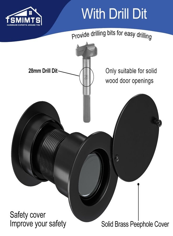 TSMIMTS Door Viewer Peephole, Solid Brass 220 Degree HD Door Viewer, with 1-7/64″ (28mm) Drill Bit and Privacy Cover, Compatible with Door Thick from 1-21/32" to 2-1/8" Matte Black Finish - Image 2