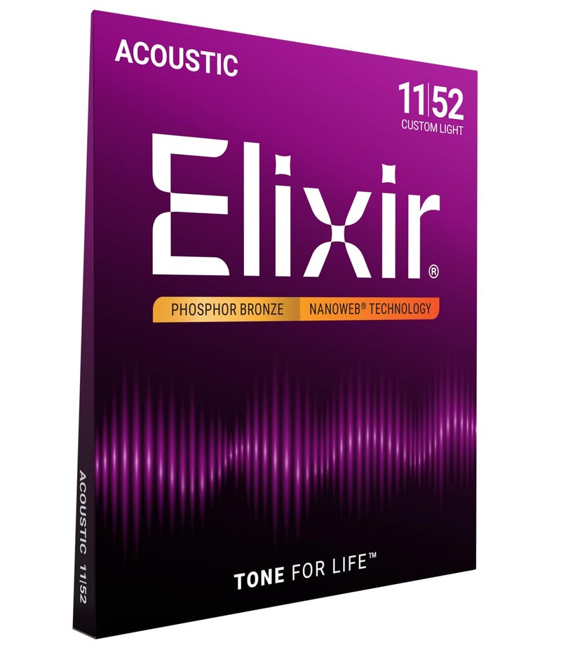 Elixir Strings, Acoustic Guitar Strings, Phosphor Bronze with NANOWEB Technology, Longest-Lasting Rich and Full Tone For Life with Comfortable Feel, 6 String Set, Custom Light 11-52 - Image 1