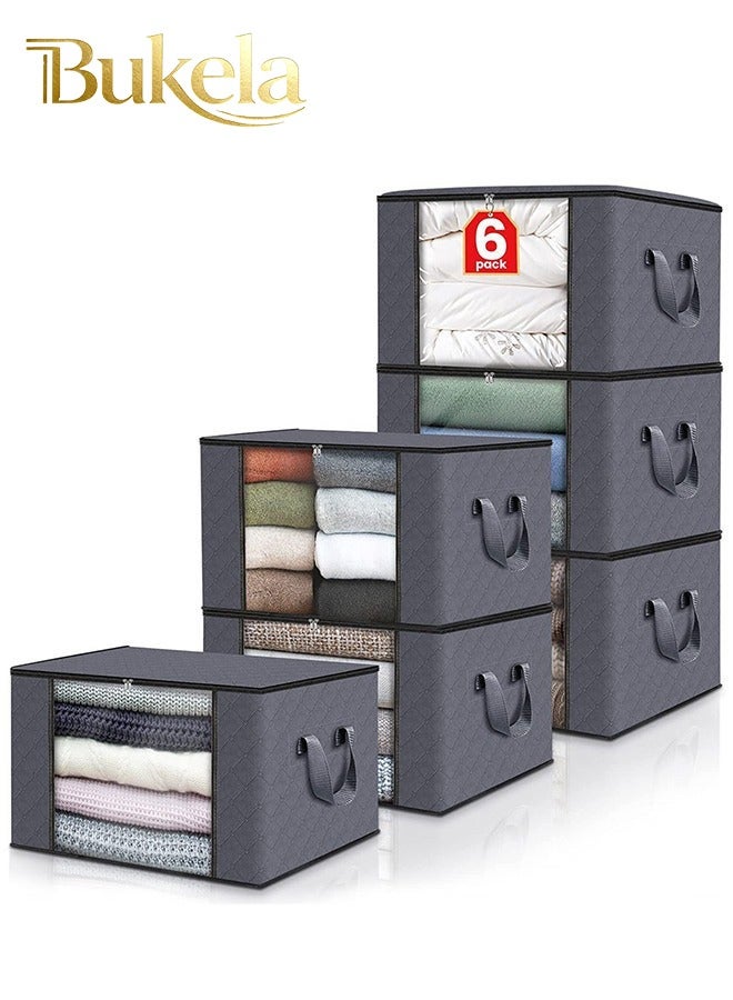 Bukela 6 Pack 90L Clothes Storage Foldable Blanket Storage Containers for Organizing Bedroom Closet Clothing Comforter Organization and Storage with Lids and Handle - Image 1