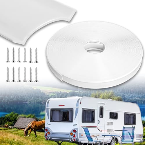 Podoy 1" RV Vinyl Trim Molding Insert 100FT with 12 Screws, RV Screw Cover Trim, RV Weather Stripping Exterior, Corner Molding Exterior Rain Gutter & Roof Edge Rubber Trim for Camper Travel Trailer, White - Image 1