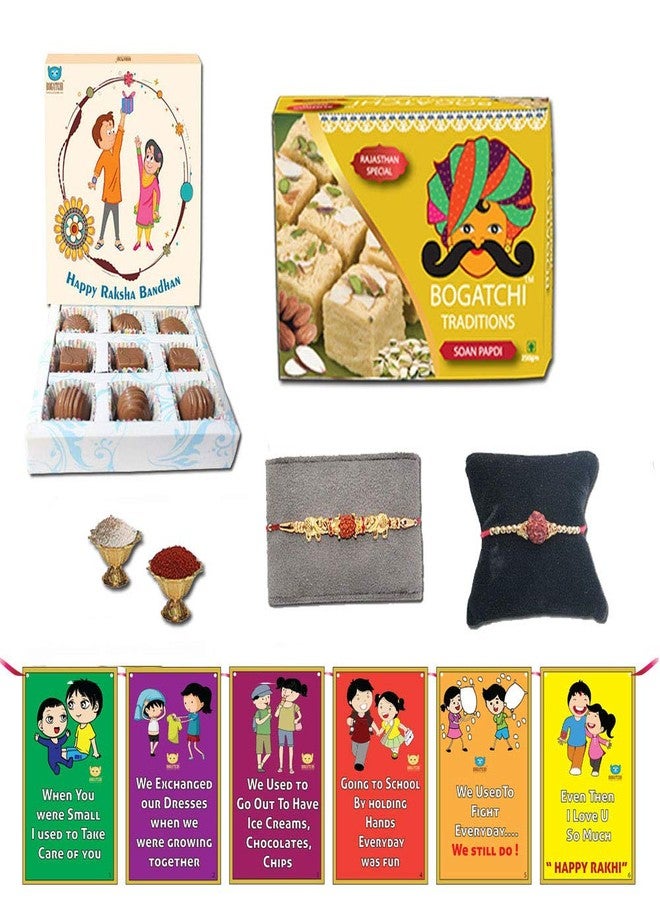 BOGATCHI Complete Rakhi Hamper, Rakhi with Sweets for Brother and Rakhi with Chocolates-90g, Free 2 Rakhi + Free Roli chawal and Rakhi Story Card - Image 1