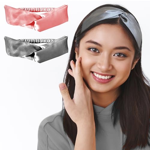 SILVR BEAR Satin Hairband | Pack of 2 | Aesthetic Turban Hairband Korean Style Twisted Cross Knot Head Band| Fabric Elastic hair band for women - Gray + Pink For Women & Teens - Image 1